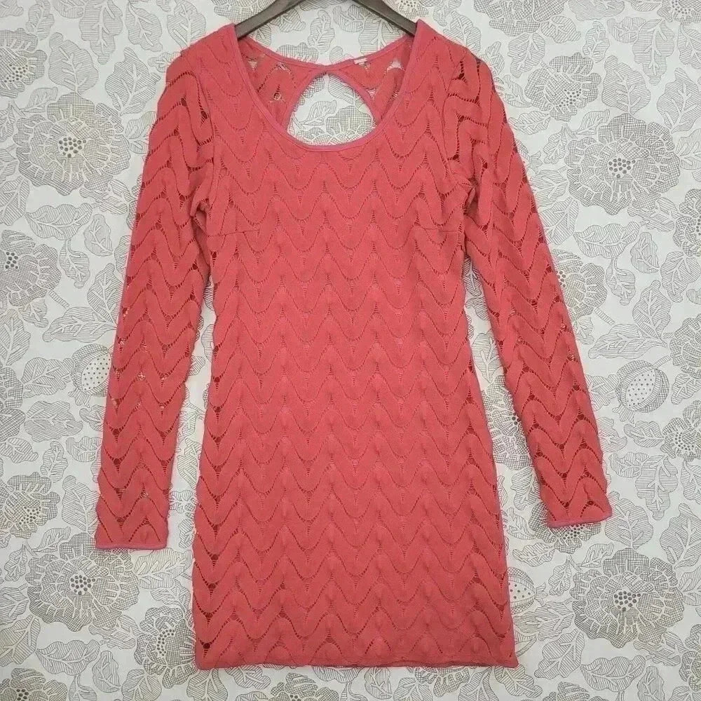 Free People Lace Red Long SleeveCut out Back Mini Dress Size S